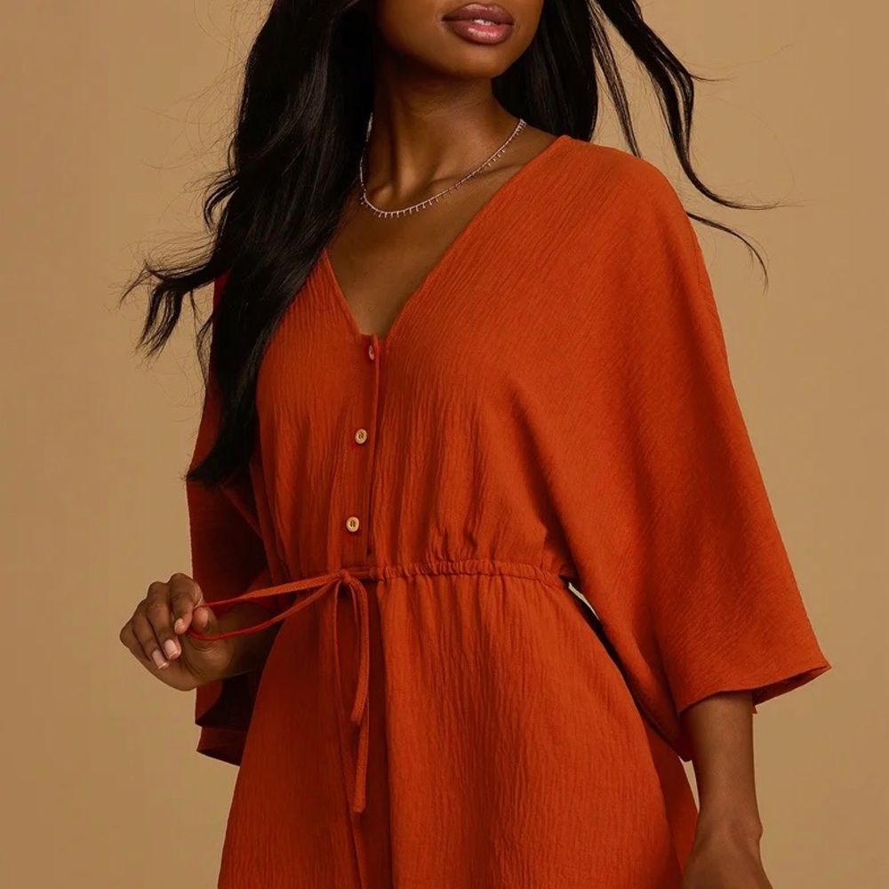Pack Your Passport Rust Orange V-Neck Drawstring Romper
